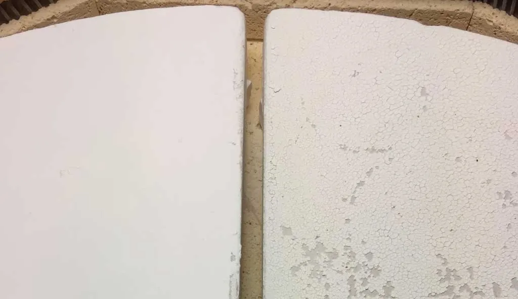 Two kiln shelves, the wash on one is even and perfect, the other is flaking and falling off