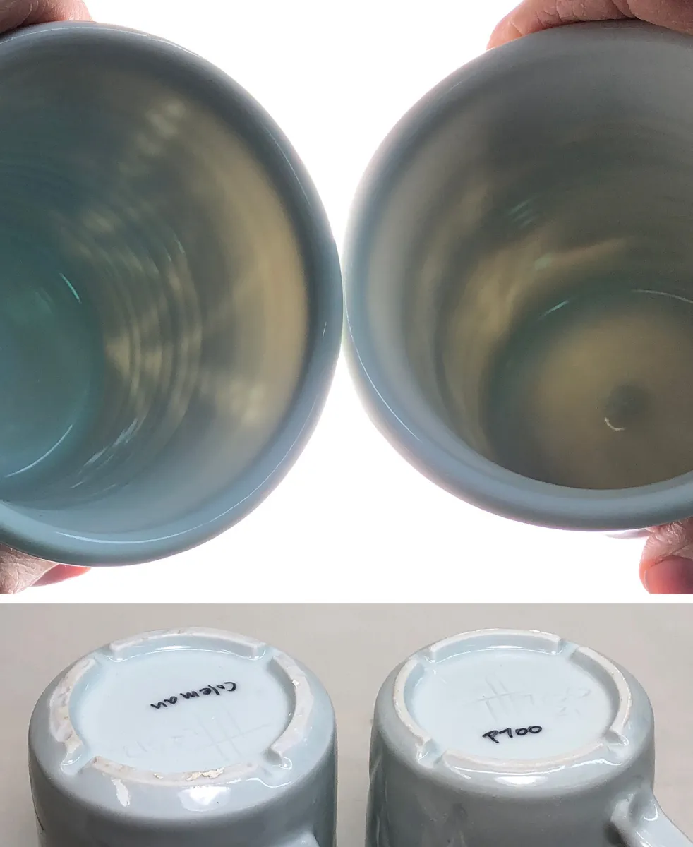 Sunlight compares the translucency of two porcelain mugs