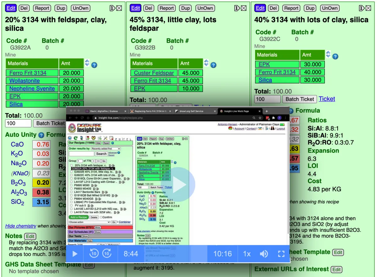 Insight-live screen shot, substituting frit 3134