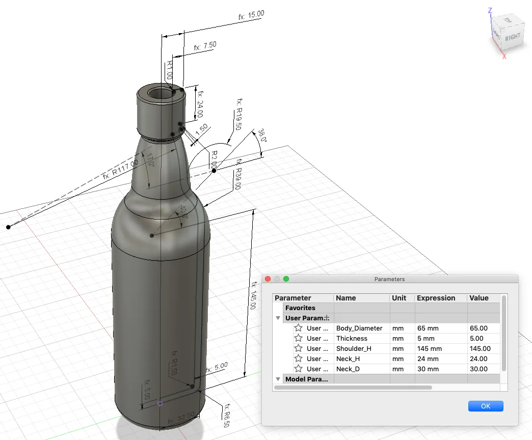 This drawing of a beer bottle demonstrates parametrics