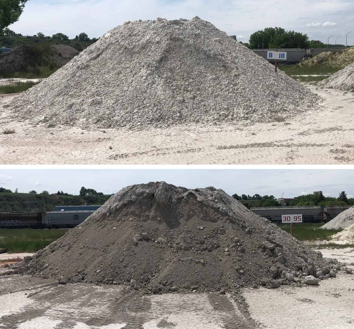 Two piles of raw clay behind the Plainsman Clays factory