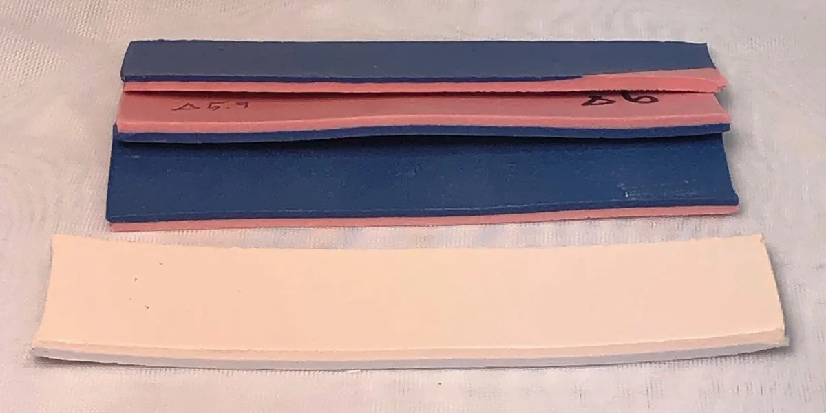 Bi-clay strips of blue:pink porcelain have firing straight