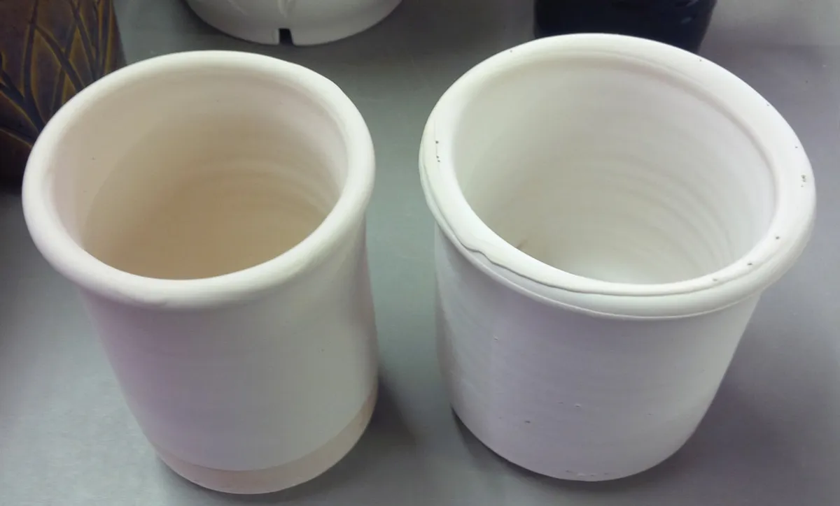 Yikes, the glaze on the right is going on way too thick and drying too fast