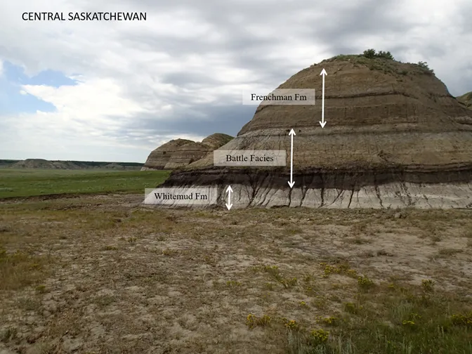 Layers of sedimentary clay exposed in a hill at Big Muddy, Saskatchewan
