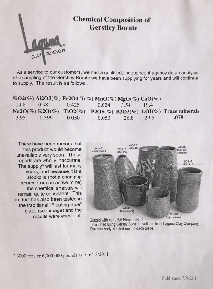 Gerstley Borate official composition page from Laguna Clay