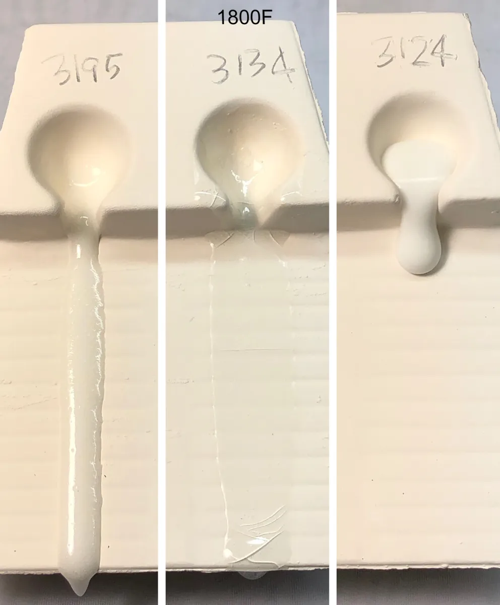 Three melt from tests comparing these frits