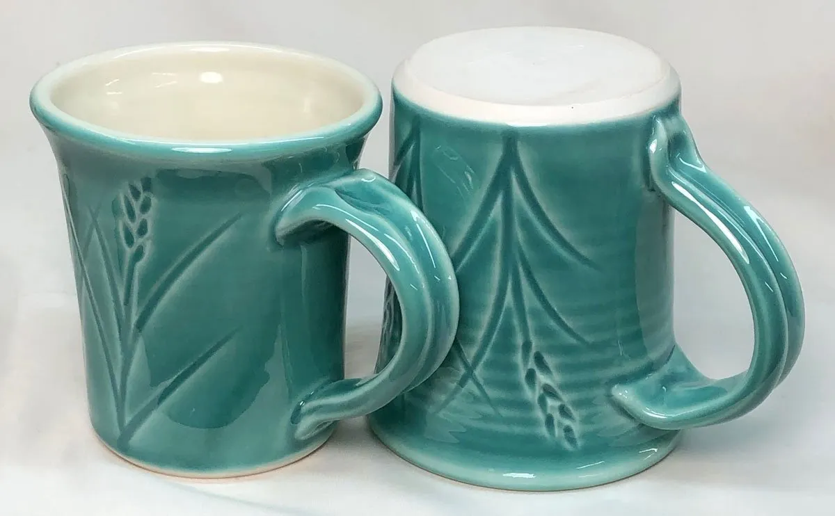 Copper blue green cone 6 porcelain mugs